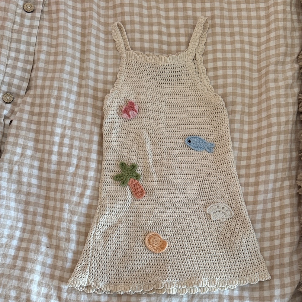 Zara Cream Crochet Kids Dress with Pastel Appliqués